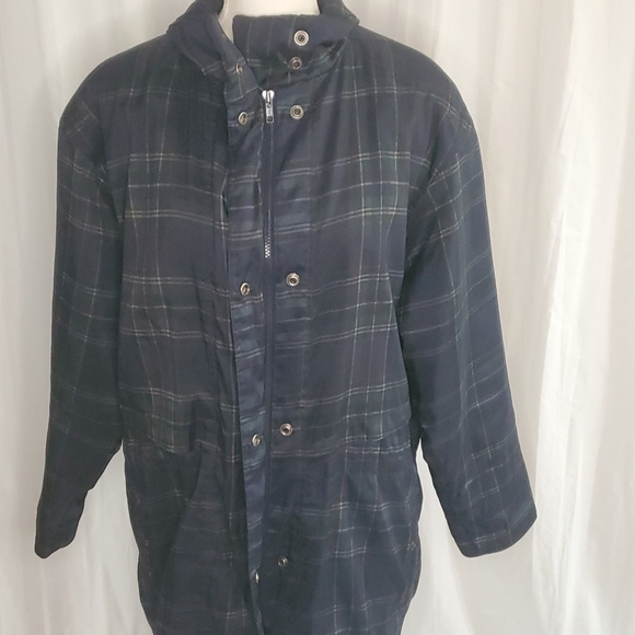 London Fog Womens Jacket Coat Multicolor Navy Plaid Snap Mock Neck Pockets Sz 0X - Picture 2 of 11